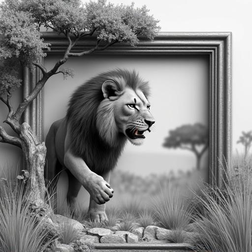 Realistic 3D embossed African trees in background. Lion facing viewer, jumping out from picture frame. Image in black and white.