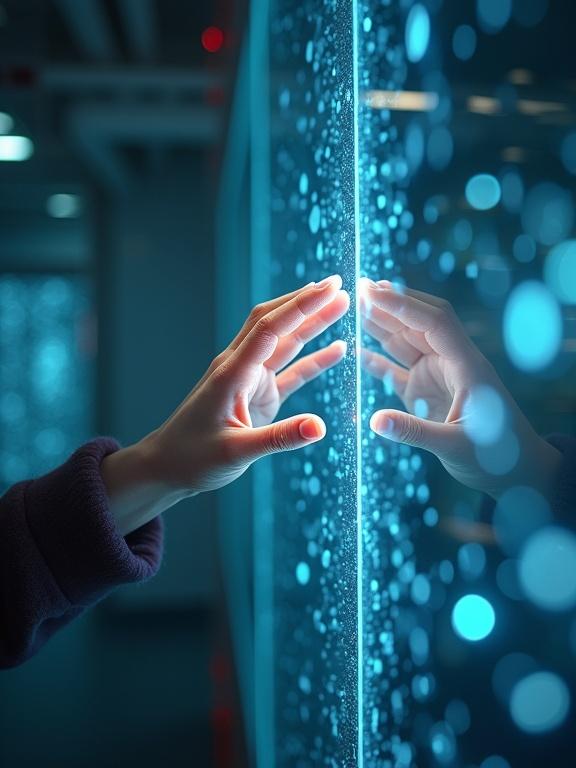 A translucent hand touches a human girl’s hand through a glowing glass in a lab. The scene has intense lighting and reflections. The fingers are nearly touching. The lab has detailed elements and high fidelity lighting.