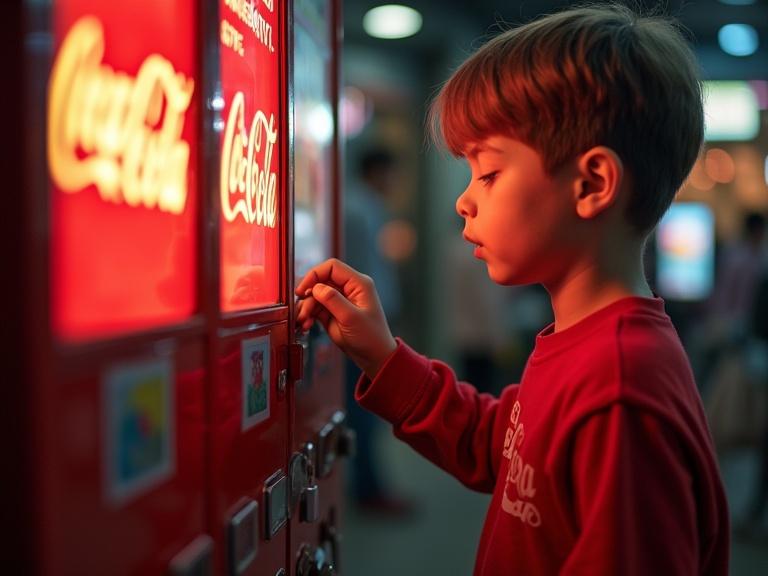 A young boy inserting a coin into a Coca-Cola vending machine in a lively environment
