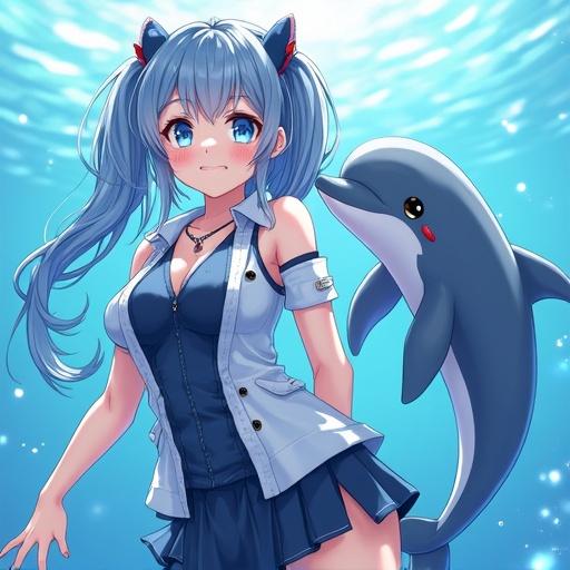Anime girl character design with dolphin theme. Character has blue hair and pigtails. Wearing casual outfit. Dolphin swims beside her. Light blue underwater background creates a cool atmosphere.