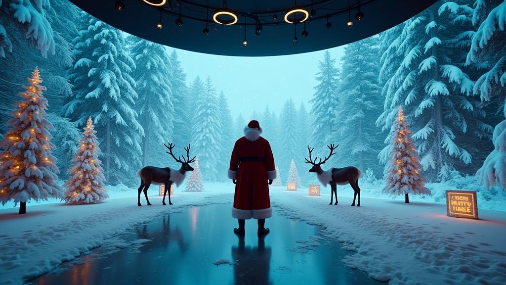 Cinematic image showcasing Santa Claus in a high-tech room with holographic designs. Openings reveal snowy woods and sky above. Sleigh and reindeer parked nearby. Wide shot with glowing models and festive messages.