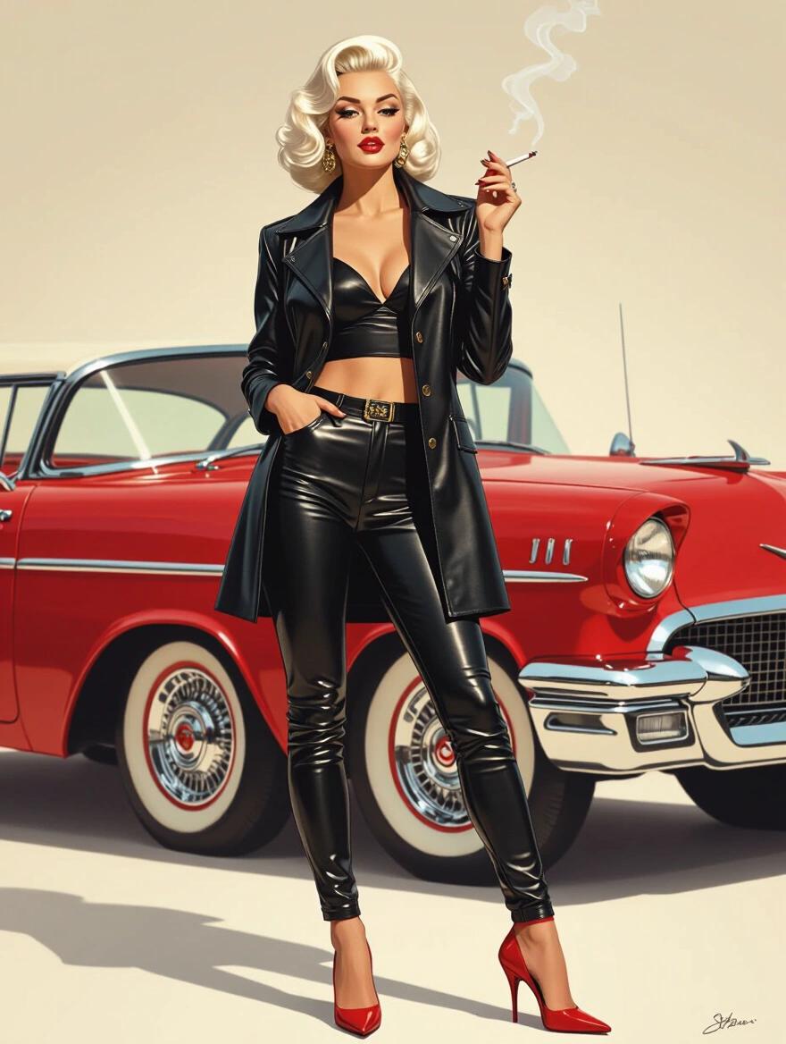 Beautiful woman with platinum blonde hair. Wearing leather pants and a short black leather coat. Red high heels. Holding a cigarette. Retro car show backdrop. Rendered in mid-century style with vibrant colors and clean lines.