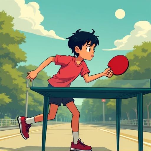 A boy is playing ping pong in a playful cartoon style. The boy looks focused and energetic. Background shows a sunny day with trees and a clear sky. Table tennis action is dynamic.