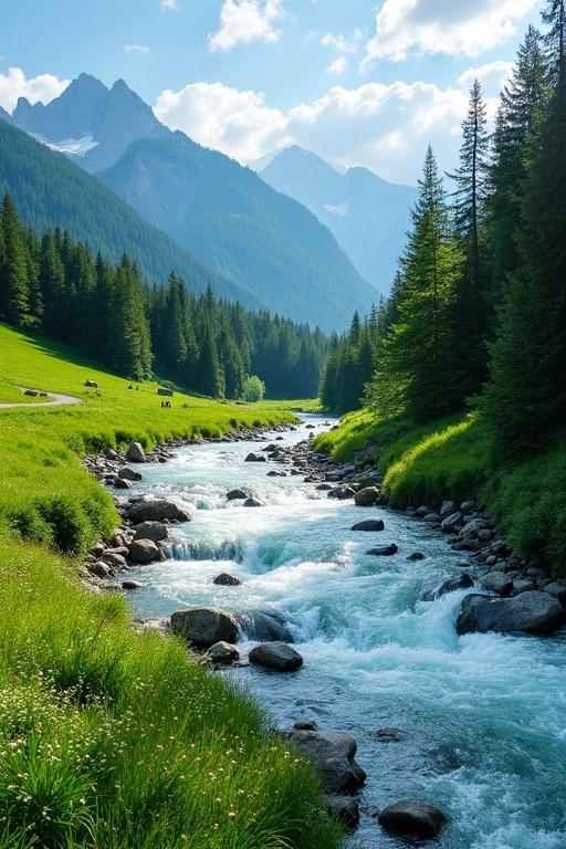 Scenic mountain river flows through dense forest. Lush greenery with tall evergreen trees. Clear water shows rocks along riverbank. Gentle slopes and wildflowers beside river. Bright sunlight and scattered clouds. Mountains in background with green and brown hues. Peaceful atmosphere with detailed textures of nature. Photographic realism with tranquil mood.
