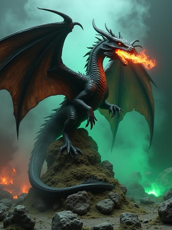 Collectible resin sculpture of a black dragon. Dragon breathes fire. Wings are outstretched. Eyes glow with intensity. Body coils around a rocky base. Background includes mystical mist and green flames. Realistic style with physical texture. Dramatic lighting enhances composition.