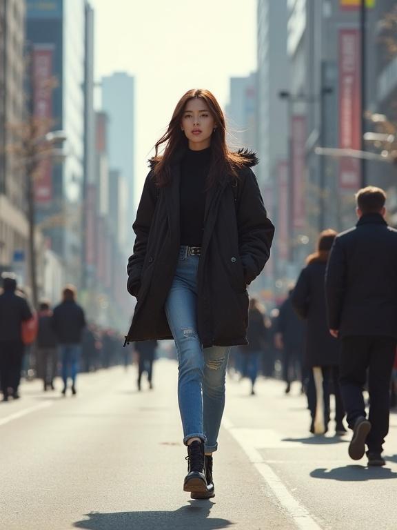 A beautiful K-pop idol walks confidently in a city street wearing a pink coat and matching outfit. Background features blurred urban scenery.