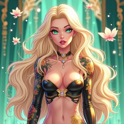 Anime style illustration. Woman with emerald green eyes and light blonde hair. Dressed in edgy high fashion. Features traditional Japanese tattoos. Appears on luxury magazine cover. Has a cybernetic leg and opulent jewelry. Represents a blend of cultures.