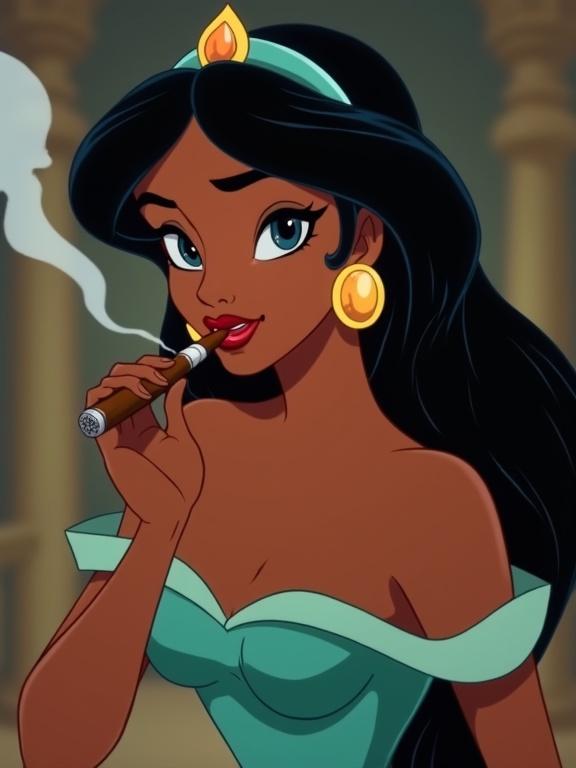 Princess Jasmine poses confidently while smoking a Cuban cigar. She exhales smoke in a seductive manner. Her ponytail flows elegantly. The character looks directly at the camera with charm and allure.