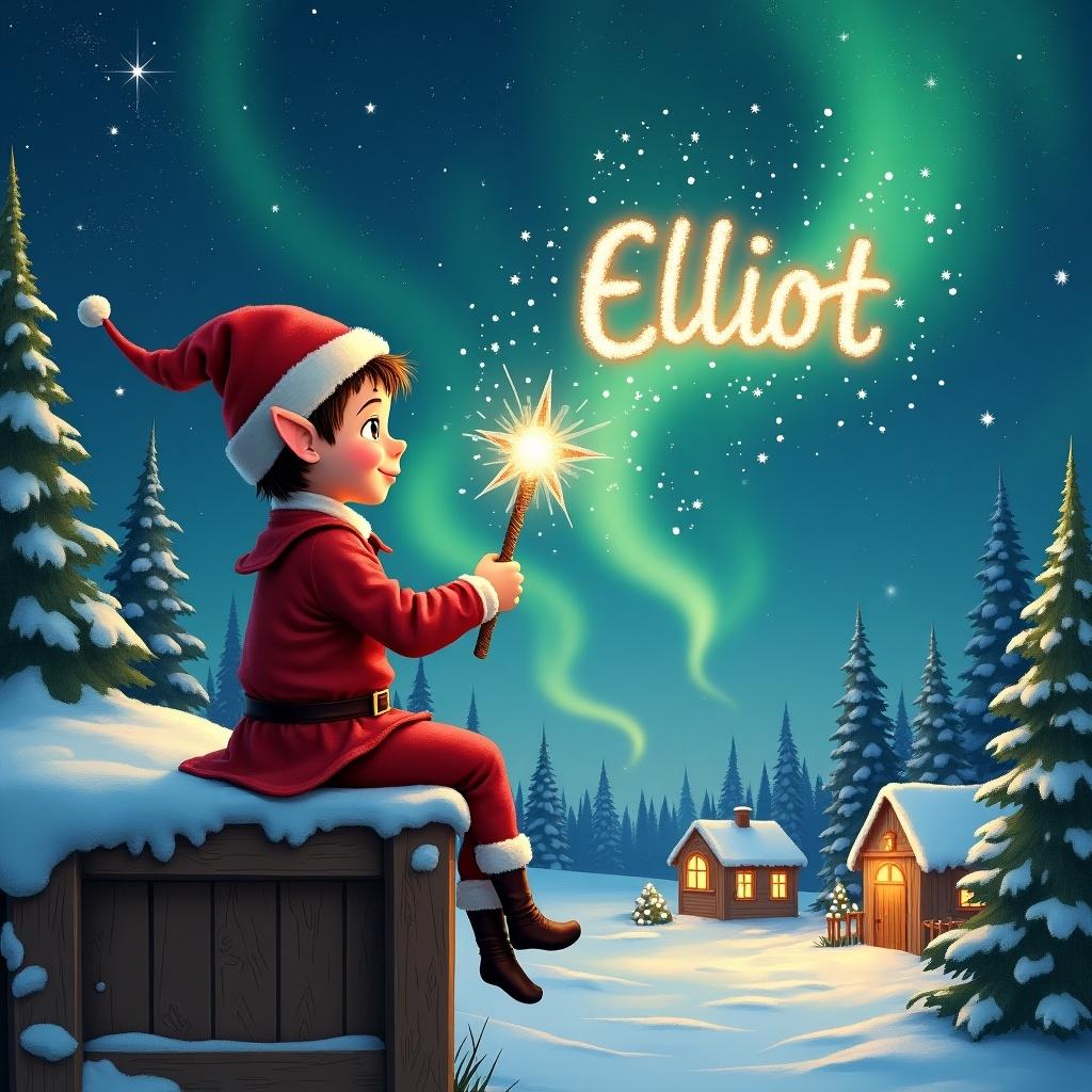 A boy elf sits on a wooden ledge. Elf gazes at a magical sky. Dressed in a red outfit with a pointed hat. Elf holds a sparkling wand. With wand, elf writes the name 'Elliot' in the starry sky. Scene has a snowy landscape, charming houses, evergreen trees, and shimmering Northern Lights. This whimsical depiction captures childhood magic and Christmas cheer. Elf adds the names Jester the 2nd in the sky.