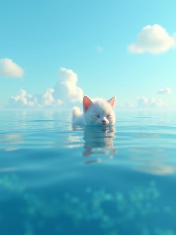 A cute humanoid kitten floats on a calm ocean surface. The kitten has soft white fur and small humanoid features. It is gently buoyed by water, with eyes half-closed in peacefulness. The background has a clear blue sky and distant white clouds. Warm sunlight creates shimmering water reflections. High-fidelity 3D render with detailed textures.