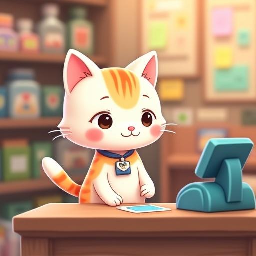 2D cute kitty wearing a tiny sales badge scanning items at a miniature register anime style