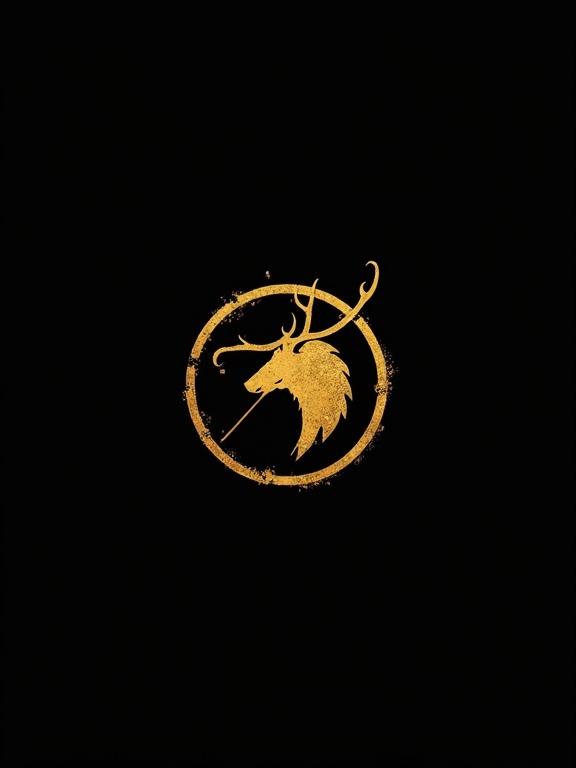 A simple circular golden yellow logo symbol depicting dexterity and hunting. Fantasy style with high quality and clean lines. Black backdrop with no text.