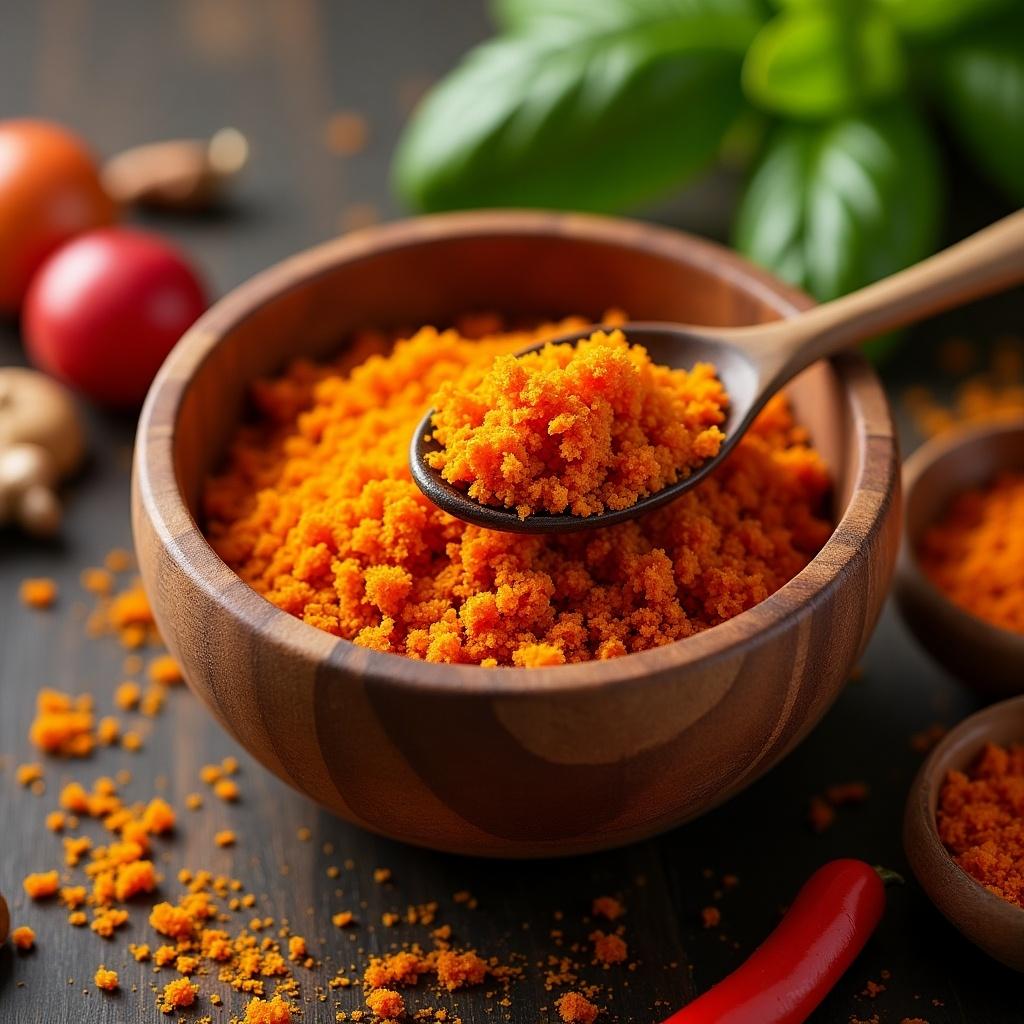 Bowl filled with Amrit Ras Achar and a spoon resting on top. Bright orange spice granules dominate the scene. Fresh tomatoes and herbs placed decoratively nearby.