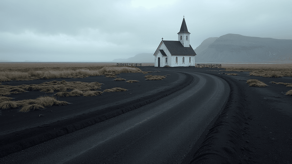 A white church stands alone at the end of a black volcanic road surrounded by a desolate, misty landscape.