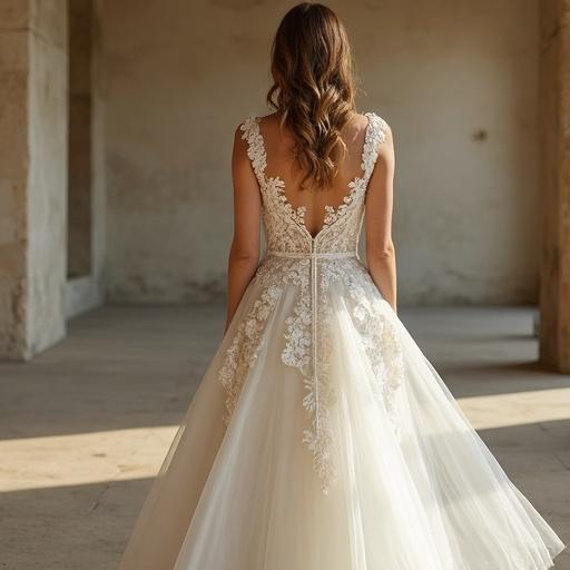 Bride stands in softly lit setting wearing stunning wedding dress with intricate lace details. Scene conveys elegance and romance.