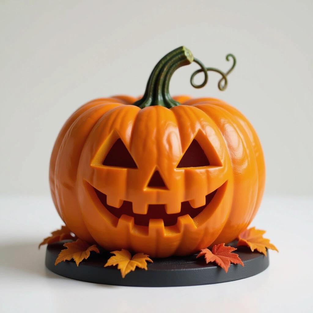An ultra-detailed resin figure of a pumpkin with a carved face sitting on a base decorated with autumn leaves.