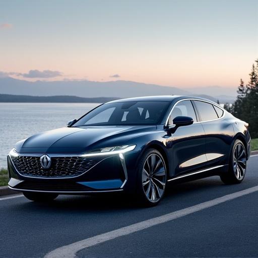 2025 Harbor Tides Mariner Luxury midsize hybrid sedan. Aerodynamic profile with wave-inspired design. Slim LED headlights and fastback trunk. Projects logo at night.