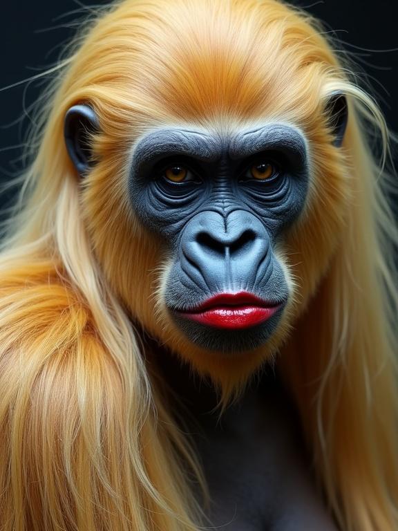 Gorilla with blonde female wig. Gorilla wearing makeup with red lipstick. Humorously styled animal portrait.