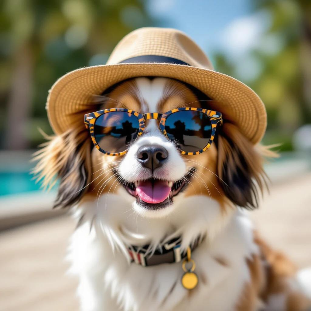 A Shih Tzu dog wears sunglasses and a hat. The background shows a sunny outdoor setting with a pool. The dog looks happy and stylish.