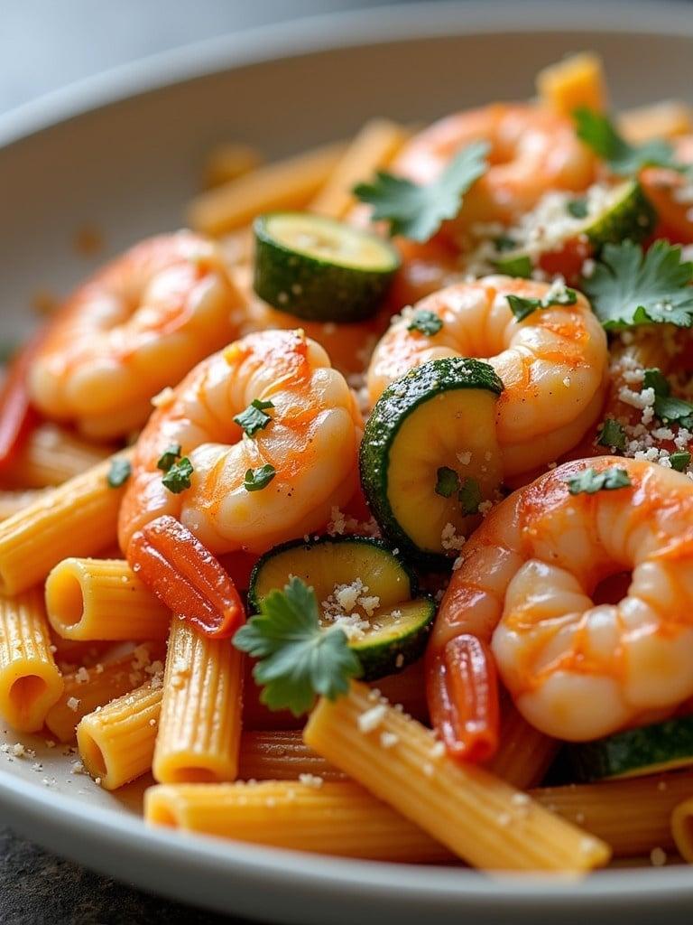 Penne pasta is topped with cooked shrimp. Slices of zucchini brighten the dish. Sweet paprika and garlic are scattered throughout. Fresh parsley adds color and flavor. Grated parmesan cheese finishes the presentation.