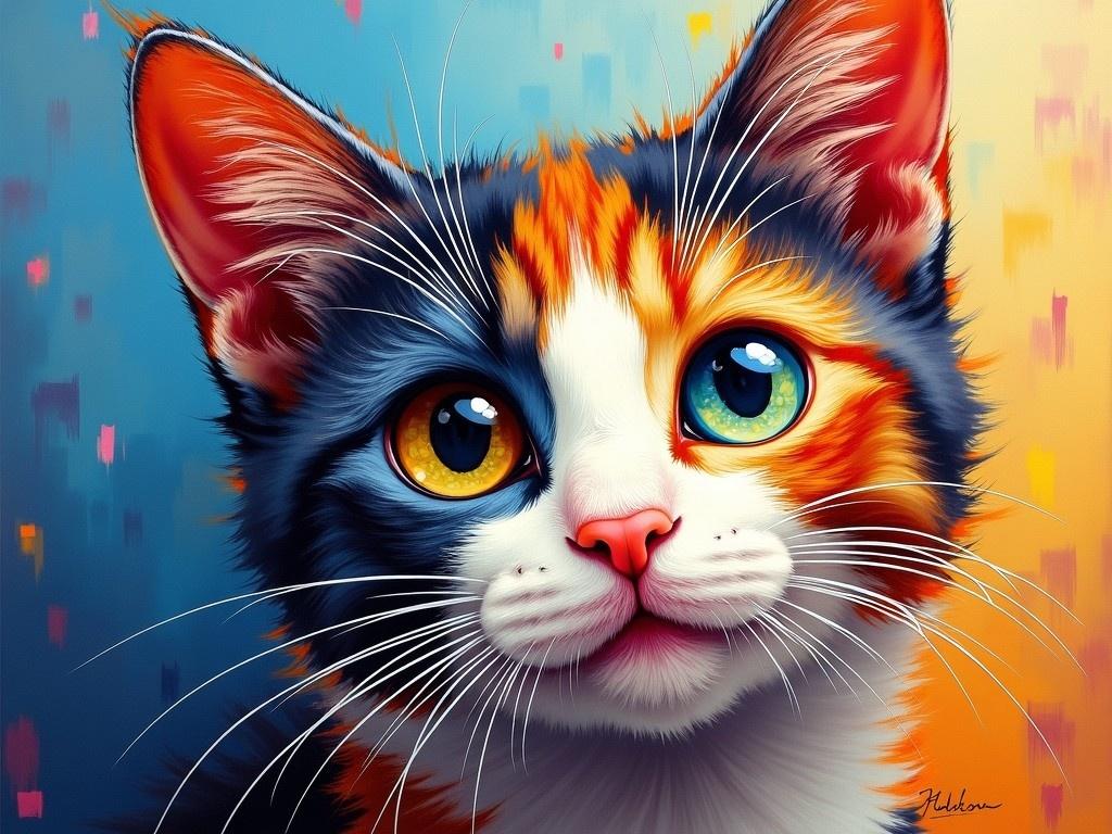 This vibrant illustration portrays a strikingly detailed cat with heterochromia, featuring one blue eye and one yellow eye. Its fur is a mix of vivid oranges, blacks, and whites, set against an abstract background of blue and orange hues. The expression of the cat, with its wide eyes and perked ears, conveys a sense of curiosity and wonder.