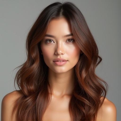 Chestnut brown hair with natural waves. Realistic hair texture shows individual strands. Smooth flow with gentle volume. Softly layered to frame the face. Slightly tousled for realism. Subtle shine and crisp clarity.