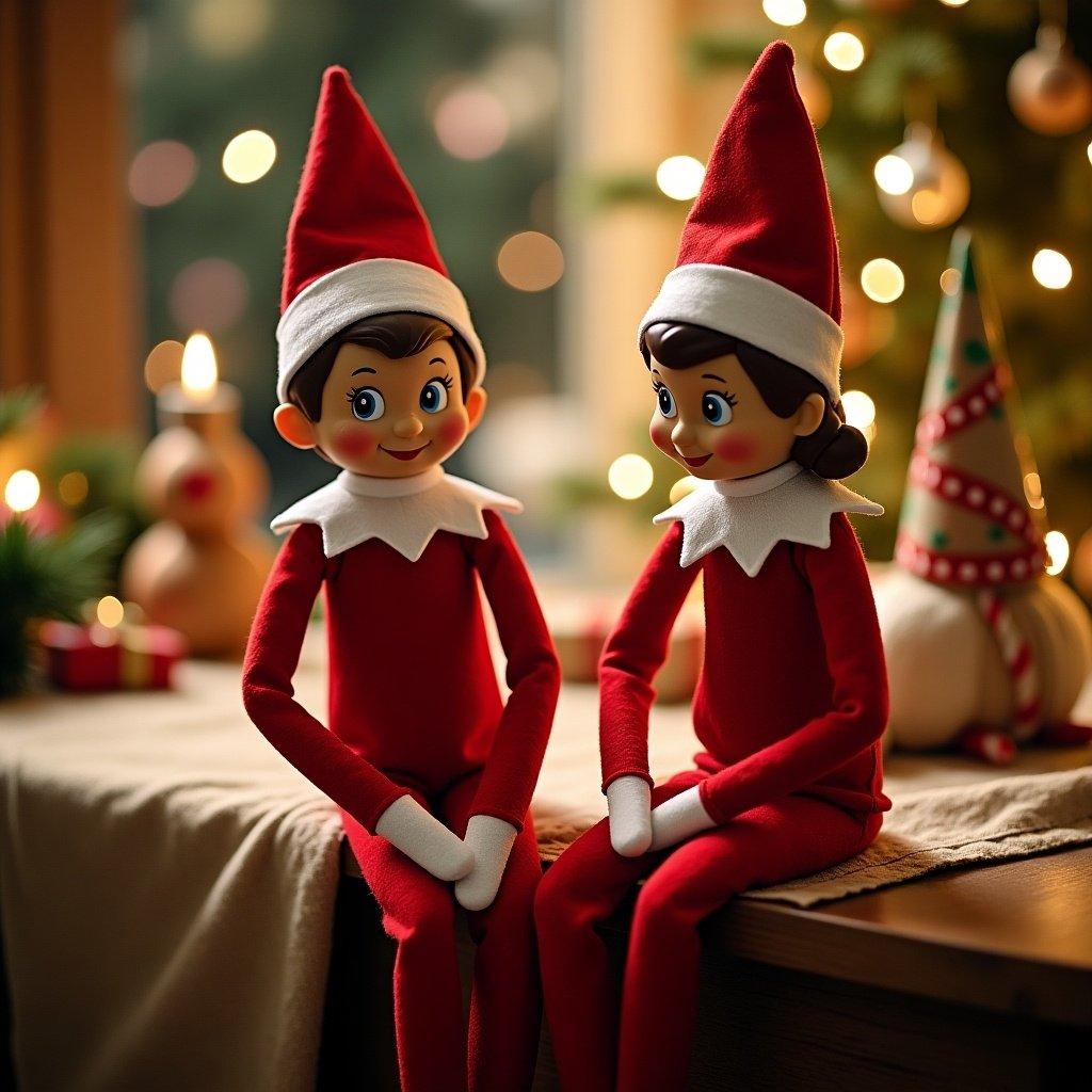 Christmas scene featuring two Elf on the Shelf dolls named Molly and Abby. Holiday decorations create a cozy atmosphere. Soft lighting enhances the festive feel. Elves sit together on a table with decorations in the background.