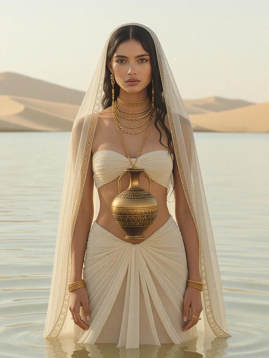 Minimalistic photo featuring a model standing in ankle-deep water. The model holds a decorated amphora. She wears a sheer beige tunic and gold accessories. The setting is an oasis with an ancient city in the background.