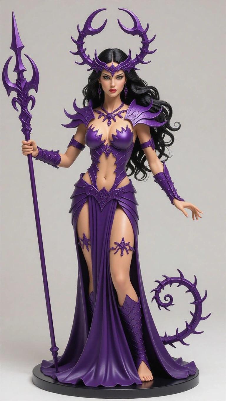 Sculpture of a goddess inspired by Scorpio. She has a slender human figure with fair skin and long wavy black hair. Armor is purple with scorpion motifs including shoulder pads and a belt designed like a tail. She holds a spear inspired by a scorpion's stinger. The figure exhibits a powerful and mystical presence against a rocky base with a dark atmosphere.