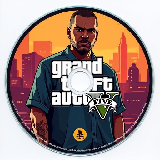Design a video game disc cover for GTA 6 on PS5. Standard PS5 case design with text and artwork.