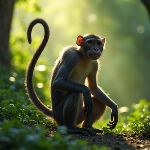 A mutant monkey with a tail. Bright green jungle environment. Monkey sitting on the ground with monkey's arms resting. Soft sunlight illuminating the scene.