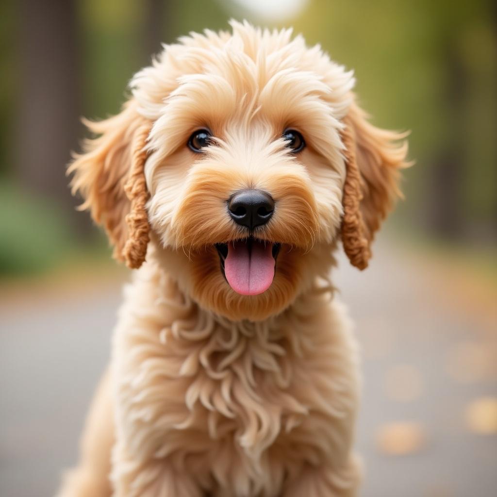 Mini golden doodle dog smiling at knee height. Light gold or blonde curly fur. Dog has a joyful expression. Outdoors with blurred background.