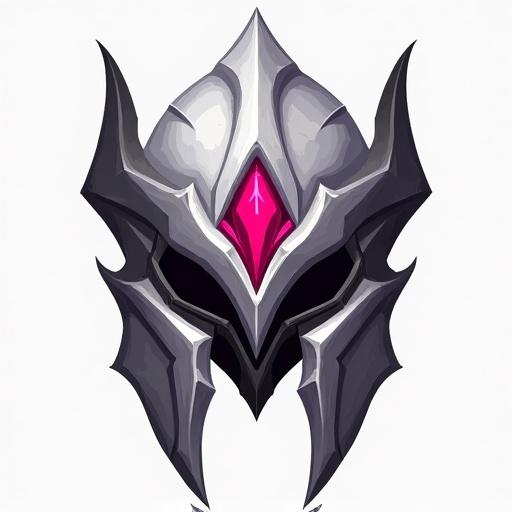 Icon of a legendary helmet. Features silver and white colors with red, black, and pink accents. Designed for a card game. Inspired by World of Warcraft style. Size 48 x 48 pixels. Transparent background.