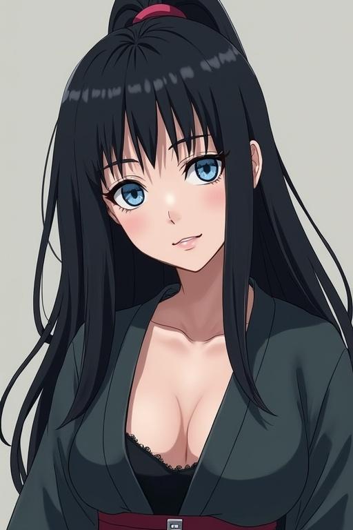 Anime character with very long black hair and striking blue eyes. Wears a short black kimono revealing shoulders and collarbone. Underneath has a white mesh blouse. Black mesh stockings complete the look.