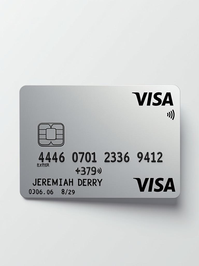 Realistic image features a modern Visa credit card. Card prominently displays Visa logo. Card number 4446 0701 2336 9412 is visible. Name Jeremiah Derry appears under the logo. Expiration date is 08/29. Background is clean silver with bold black font.