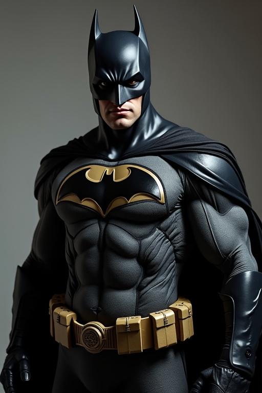 A superhero figure wearing a black suit with a yellow emblem. The figure displays a muscular physique. A dark cape flows behind. The costume has a utility belt. Strong and heroic stance in a dramatic setting.