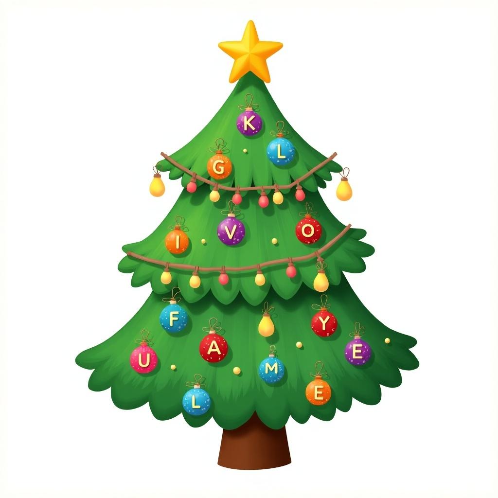 A decorated Christmas tree with colorful ornaments spelling the name Kival. The tree is lush green with a star on top. The ornaments are in various colors like purple, blue, yellow, and red. The style is playful clip art.