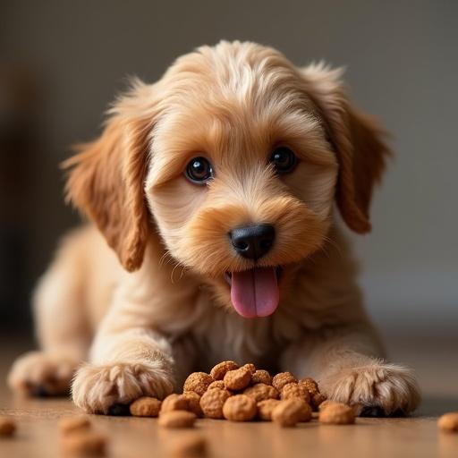 A hyperrealistic miniature Cockapoo is devouring dog food. The puppy looks cute and playful with its golden fur and expressive eyes. It interacts with the dog food scattered in front.