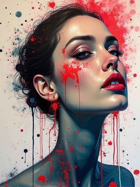 3d splashed mixed media painting of a woman with expressive features and bold colors.