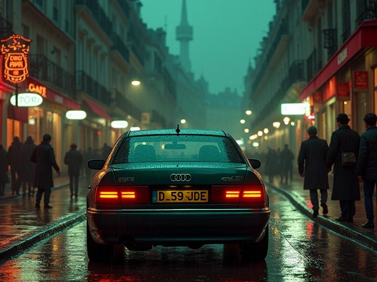 Street view of Montmartre with a dark green Audi S8. Nighttime ambiance with rain. Nightclubs lit up with neon lights. Side view of the car with pedestrians in the background.