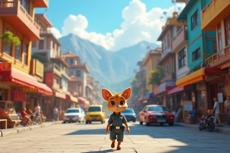 A vibrant 3D city scene with anthropomorphic animals wearing clothes. They walk, drive cars, and operate shops. A police character with a hopeful look stands out in the foreground. Bright daylight illuminates the location with market stalls and colorful buildings.