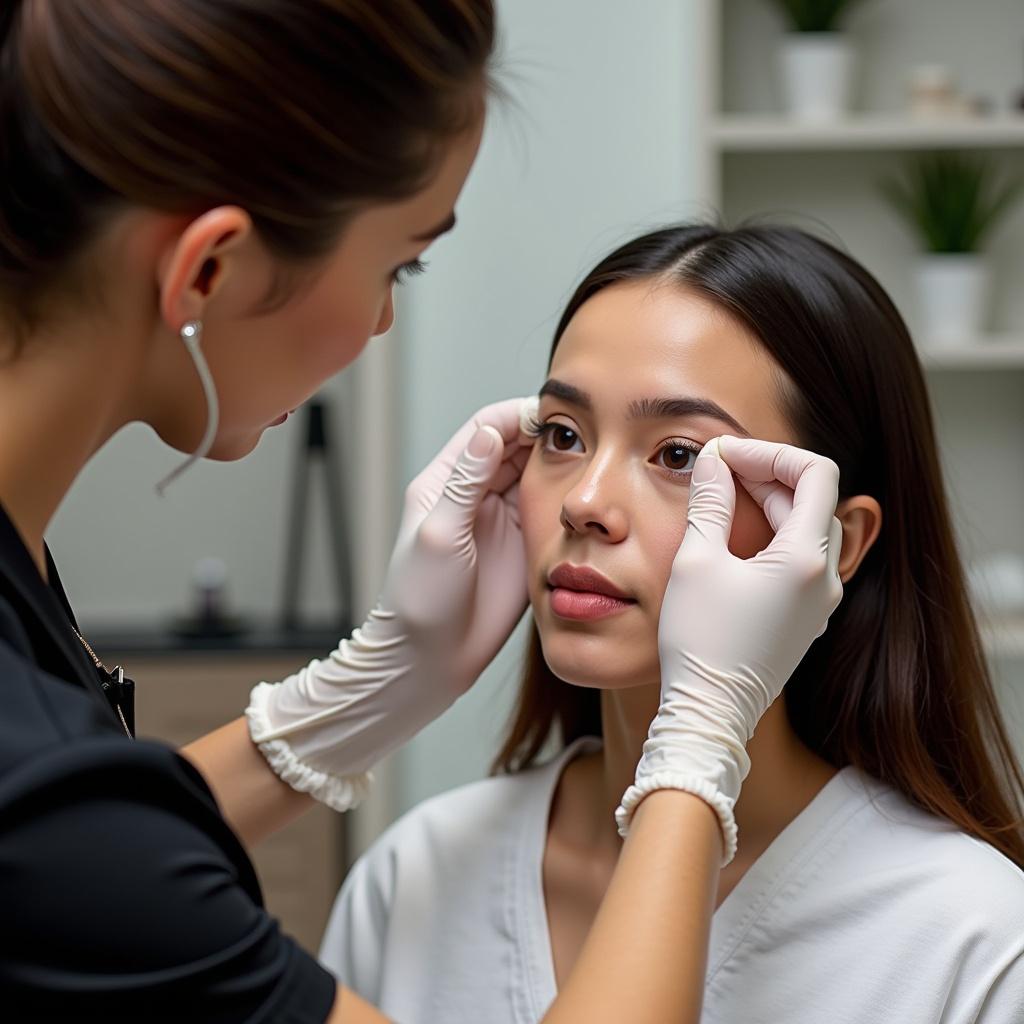 Modern beauty salon setting. Eyebrow threading procedure by beauty therapist. Therapist wears gloves and uniform, cotton thread visible. Focus on shaping client’s eyebrows.