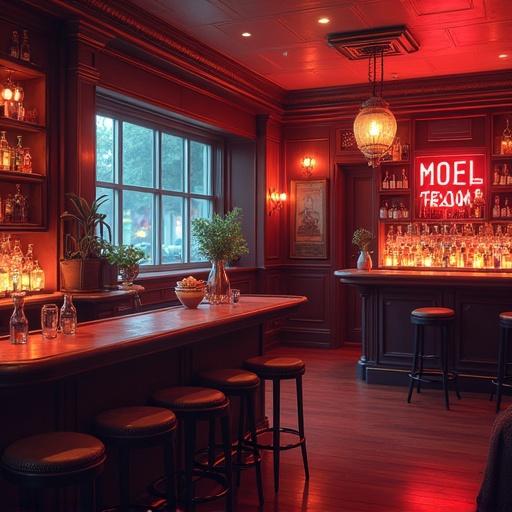 Image shows the interior of a luxurious bar in a modern mansion. The bar is in Indianapolis during the morning. The atmosphere is warm and inviting with numerous bottles on the shelves. The bar features wooden tones and ambient lighting, creating a stylish setting.