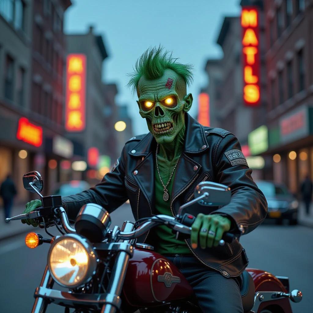 Zombie with green skin and yellow eyes wears motorcycle clothes. Zombie leans on a Harley motorcycle. The background shows a neon-lit city at dusk. The photo appears highly realistic and professional quality 4K.