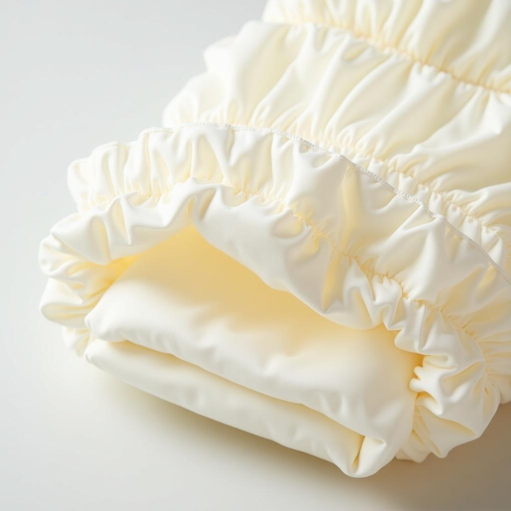 The image features a close-up view of a plastic diaper, showcasing its soft, ruffled see-through plastic in a creamy white color. The diaper is designed for infants, emphasizing comfort and practicality. The lighting is soft, highlighting the texture of the fabric. This close perspective allows the viewer to appreciate the design details, making it ideal for discussions on baby care. The image captures the essence of everyday parenting needs, focusing on the diaper's features.