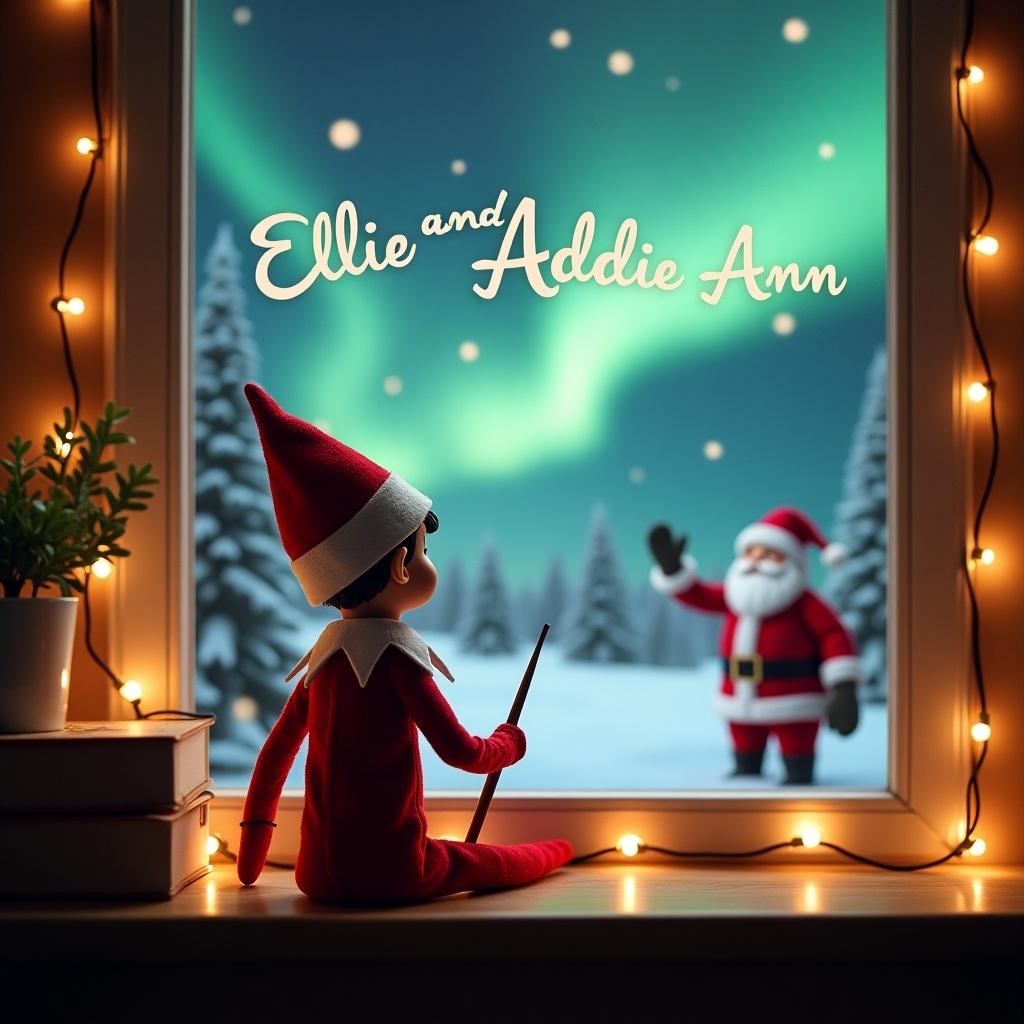 The image shows a cozy Christmas scene with an elf on the shelf sitting by a window. The elf, dressed in a traditional red suit and hat, is writing 'Ellie and Addie Ann' in the night sky with a magical wand. Outside, a beautiful winter landscape is visible, featuring a snowy environment and vibrant northern lights. In the distance, Santa Claus waves cheerfully. The warm glow from string lights adds to the festive charm of the setting. This scene captures the wonder and enchantment of the holiday season beautifully.