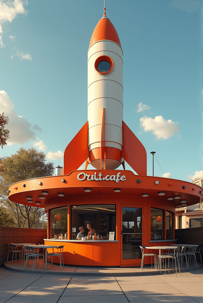 The image shows a café designed like a red and white rocket ship, with outdoor seating under a clear blue sky.