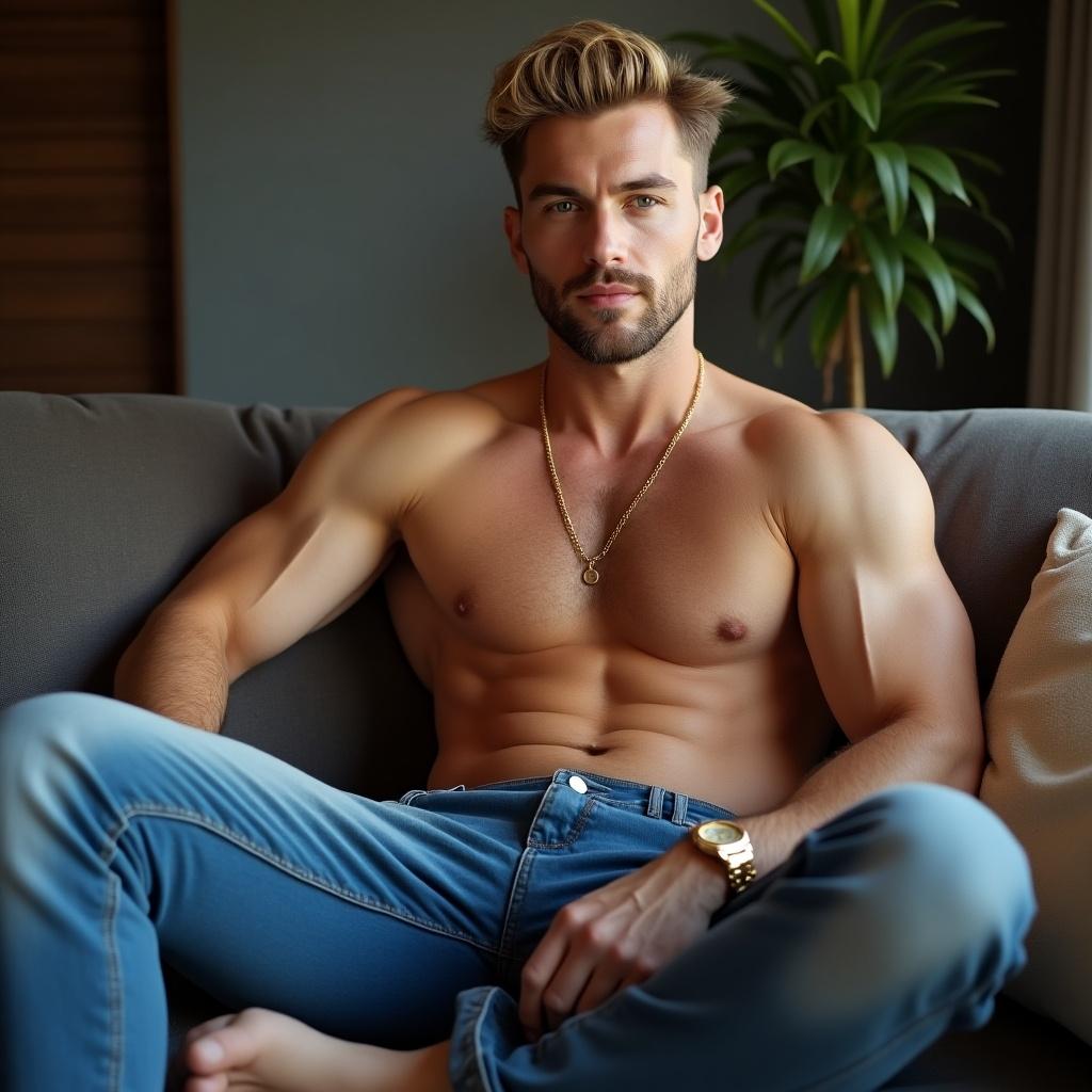 Image of male model sitting on couch. Model displays muscular physique. Dressed in fitted jeans. Wearing gold chain and watch. Background suggests modern living space. Soft lighting highlights features.