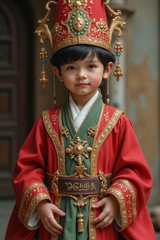 Child dressed in traditional costume. Attire is red and green with elaborate detailing. The child is standing confidently. Soft natural light highlights the outfit's features.