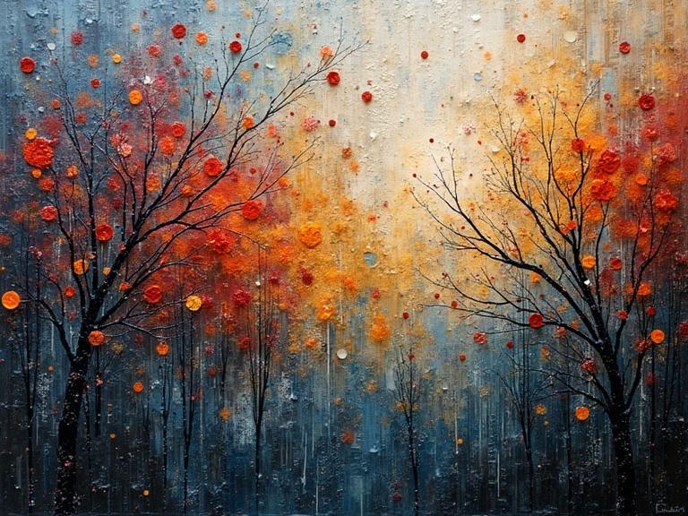 Masterpiece featuring layers of mixed media. Textured elements like jute fibres and glitter. Dark colors and bright highlights create depth. Expressive and stunning composition. Evokes emotion and magic.
